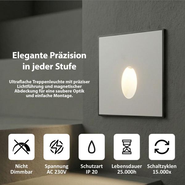 MAXKOMFORT LED Treppenlicht MOD5S– 3-CCT, Magnet-Blenden in Weiß oder Alu Gebürstet, Eckig, 230V, 1,6W