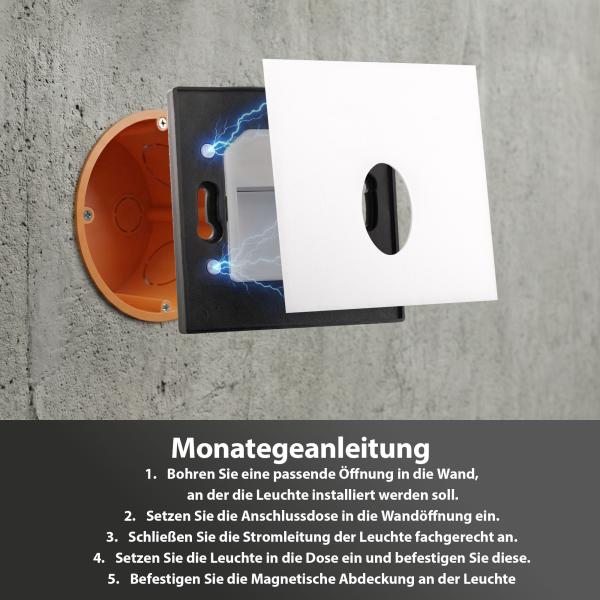 Preview: MAXKOMFORT LED Treppenlicht MOD5S– 3-CCT, Magnet-Blenden in Weiß oder Alu Gebürstet, Eckig, 230V, 1,6W