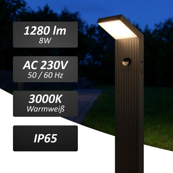 Preview: B-Ware: LED Außenstandleuchte 6014A1-800 mit Bewegungsmelder – Modernes Design, IP65, 8W, 1280lm, Schwarz