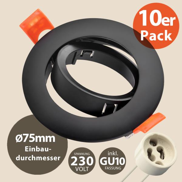 10er Pack Einbaustrahler 5203-BK – Kunststoff Schwarz, schwenkbar, inkl. GU10 Fassung