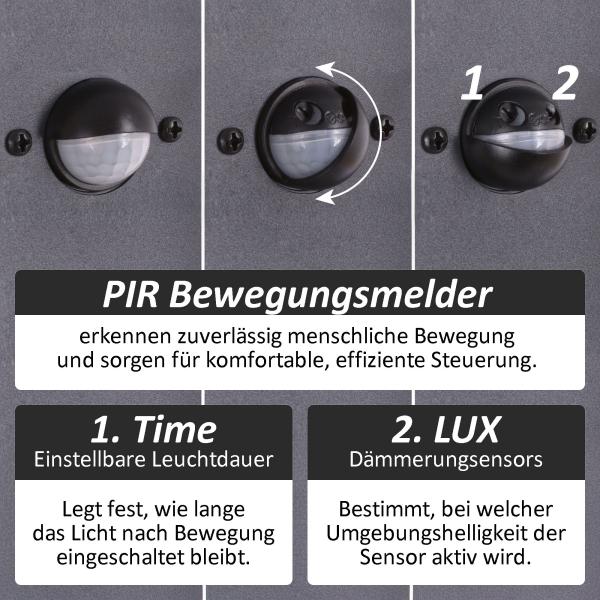 LED Außenstandleuchte 6014A1-800 mit Bewegungsmelder – Modernes Design, IP65, 8W, 1280lm, Schwarz