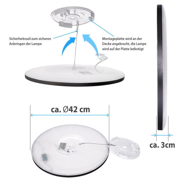 Runde LED Deckenleuchte LUCKY 22W-BK, CCT, Schwarz