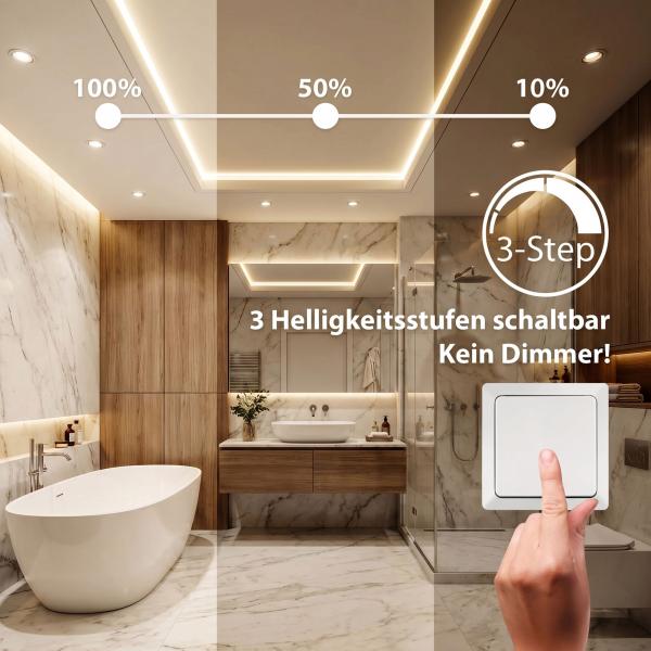 Preview: LED Bad Einbaustrahler F-MAX IP44 5W Warmweiß 3-Stufen-Dimmbar Weiß
