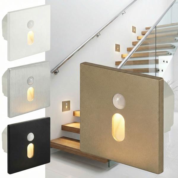 LED Treppenleuchte mit Sensor MOD-6A1+Cover eckig (Oval) 1,5W – Lichtfarbe einstellbar – Weiß / Schwarz / Alu / Titanium Gold