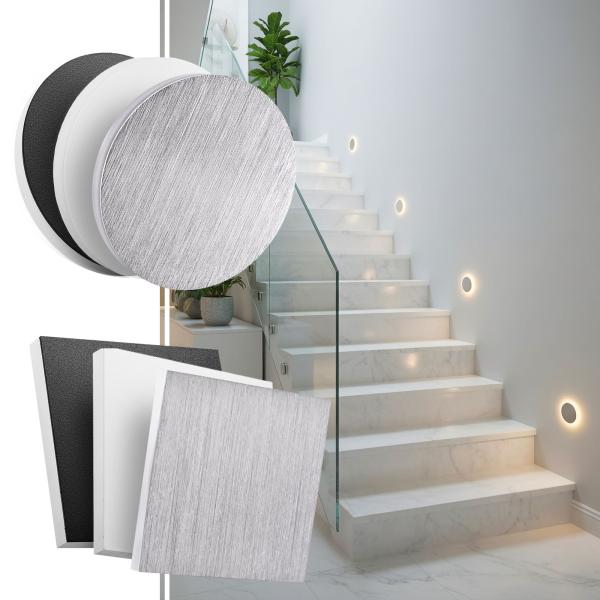 Treppenbeleuchtung ohne Sensor MOD-61R –6107 Rund & Eckig, Weiß, Schwarz oder Alu gebürstet