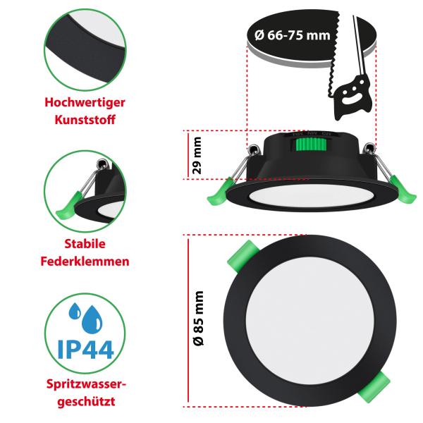 6 x LED Einbaustrahler VENUS Schwarz 7W Dimmbar für Bad – IP44