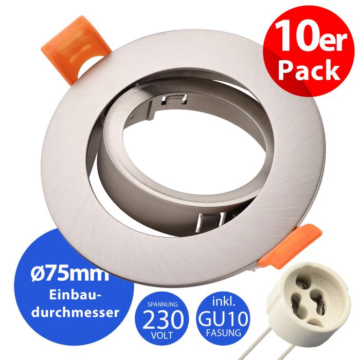 10er Pack Einbaustrahler 5203-SN – Kunststoff Eisen gebürstet, schwenkbar, inkl. GU10 Fassung