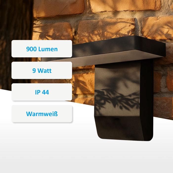 LED Außenwandleuchte 3015A schwarz– 9W, 3000K warmweiß, IP44, ohne Bewegungsmelder