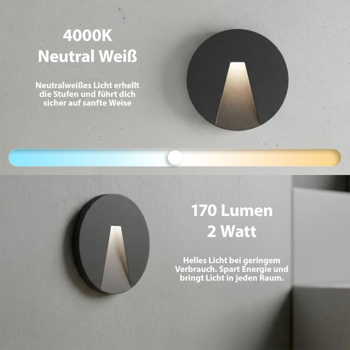 LED Treppenbeleuchtung 6203R-GR – rund, grau, Neutralweiß, passend für Ø 68 mm Dosen