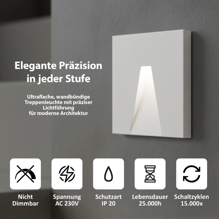 LED Treppenbeleuchtung 6203S-WH – eckig, weiß, Neutralweiß, passend für Ø 68 mm Dosen