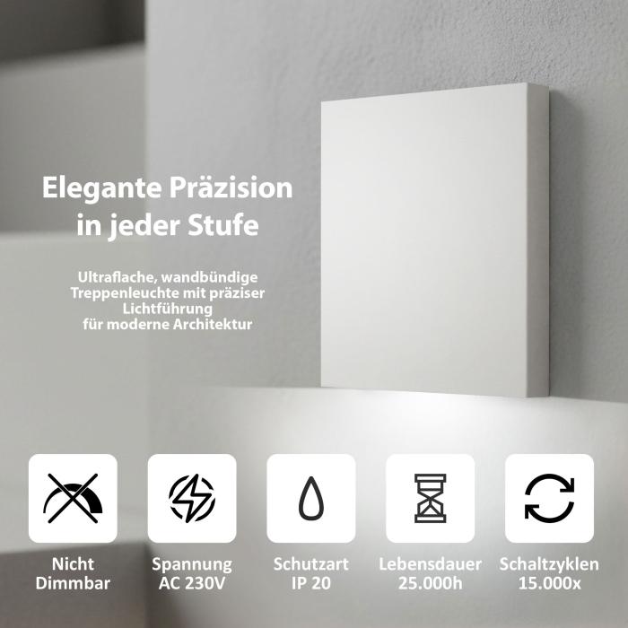 LED Treppeneinbauleuchte 6204S-WH – eckig, weiß, dezentes Orientierungslicht, Neutralweiß