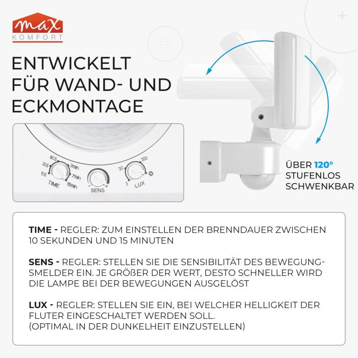 LED Fluter SUN2200-WH mit Bewegungsmelder weiß 30 Watt IP65 - Steuerung weitere Leuchten bis 500W möglich