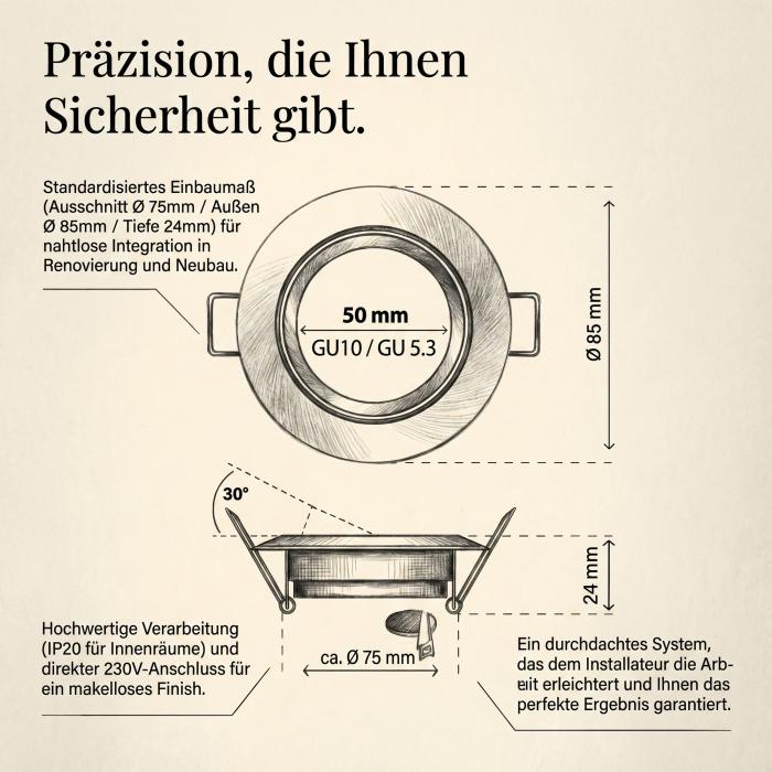 10er Pack Einbaustrahler 5203-SN – Kunststoff Eisen gebürstet, schwenkbar, inkl. GU10 Fassung