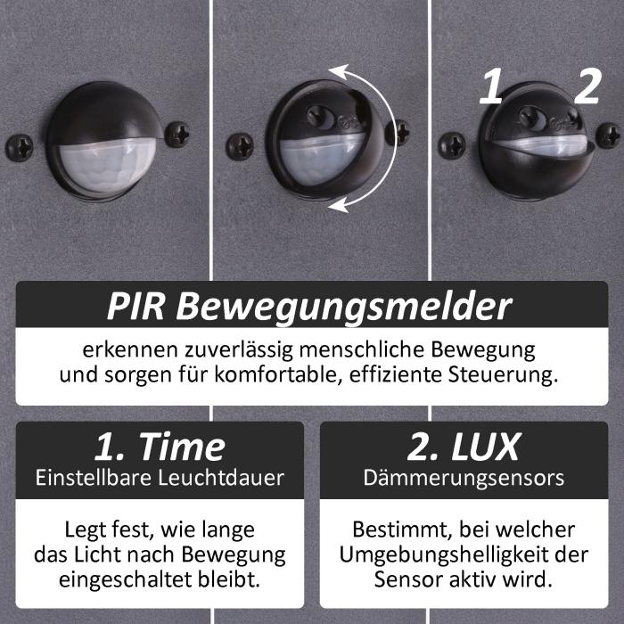 LED Außenstandleuchte 6014A1-800 mit Bewegungsmelder – Modernes Design, IP65, 8W, 1280lm, Schwarz
