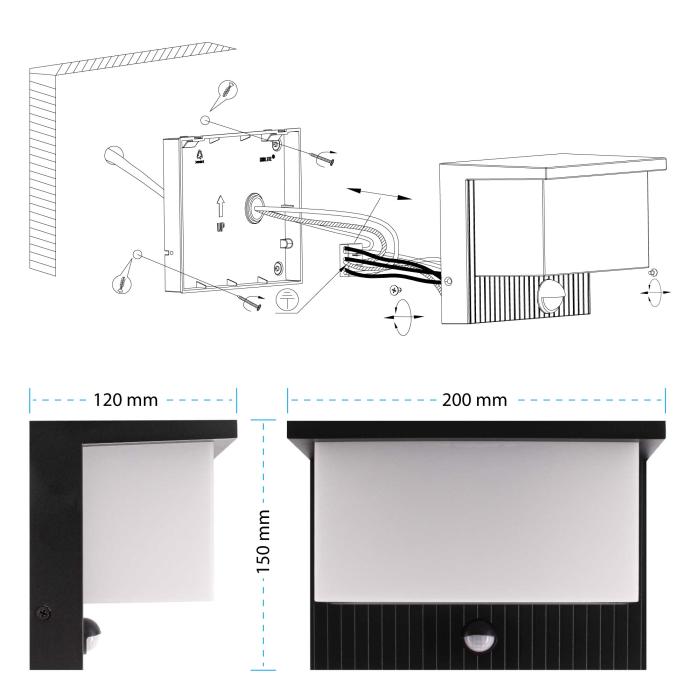 LED Außenwandleuchte HR6015A1 mit Bewegungsmelder – 12W IP65, 1940 lm, 3000K warmweiß, modernes Aluminium-Design, 120° Sensor, 8 m Reichweite
