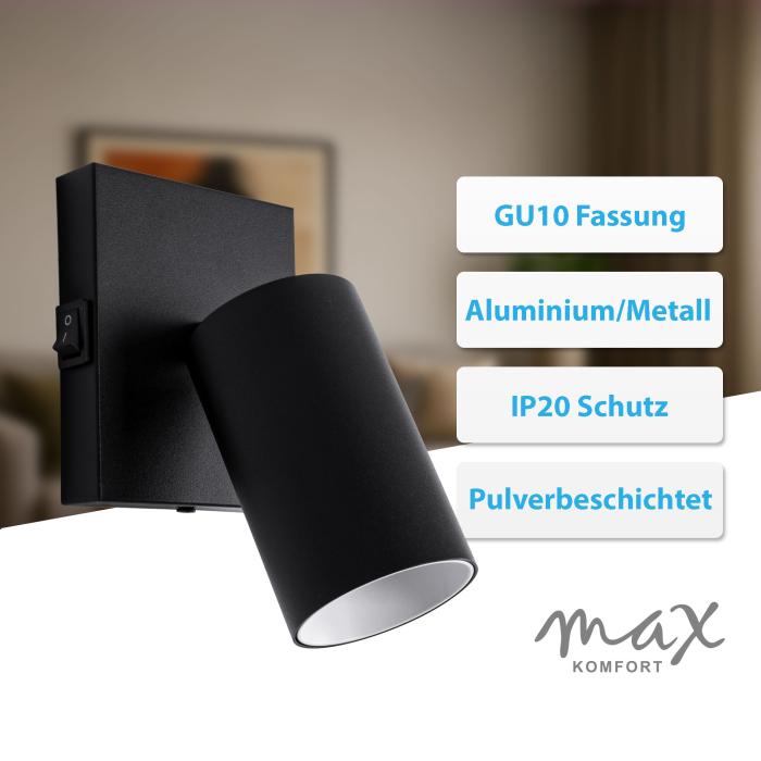 GU10 Deckenleuchte ProSpot 865-1s Schwarz – 1-flammig, mit Schalter, Aluminium, IP20