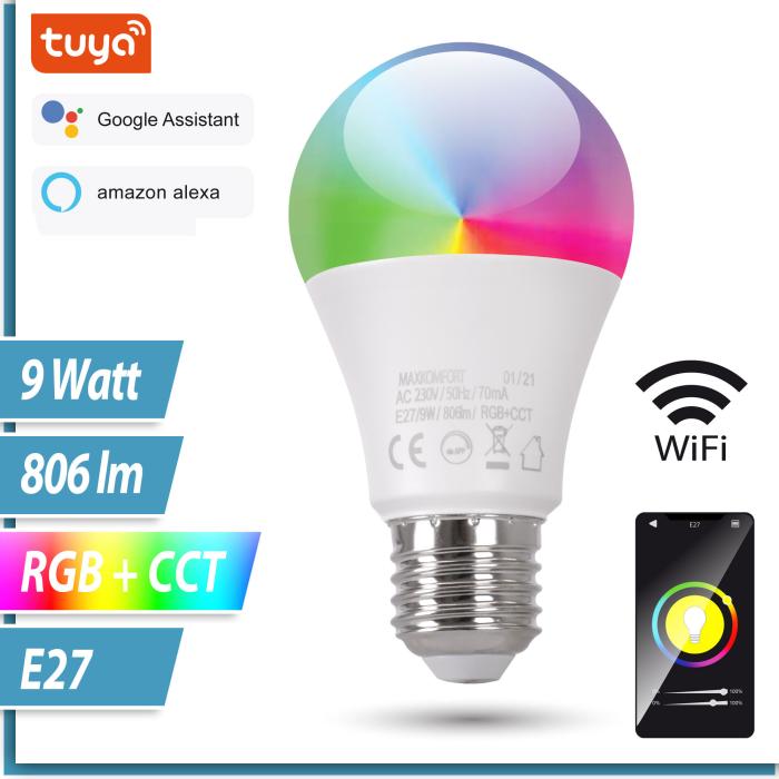 Maxkomfort - LED E27 9W RGB Leuchtmittel dimmbar WiFi App Steuerung,   Alexa, Google Nest