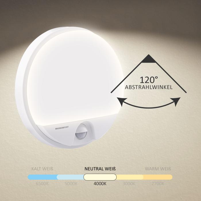 LED Außenwandleuchte 'ALMAZ'-WH, Weiß mit Bewegungsmelder - IP54, 15W, Neutralweiß