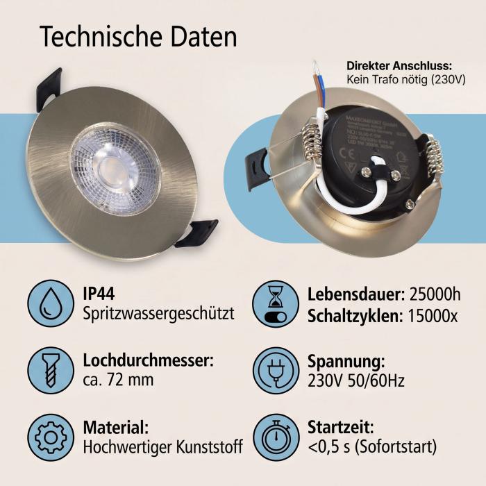 LED Bad Einbaustrahler 5W Warmweiß IP44 3-Stufen-Dimmbar Edelstahl-Optik
