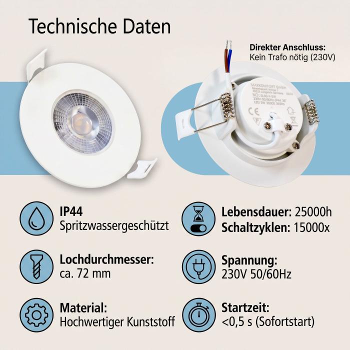 LED Bad Einbaustrahler F-MAX IP44 5W Warmweiß 3-Stufen-Dimmbar Weiß
