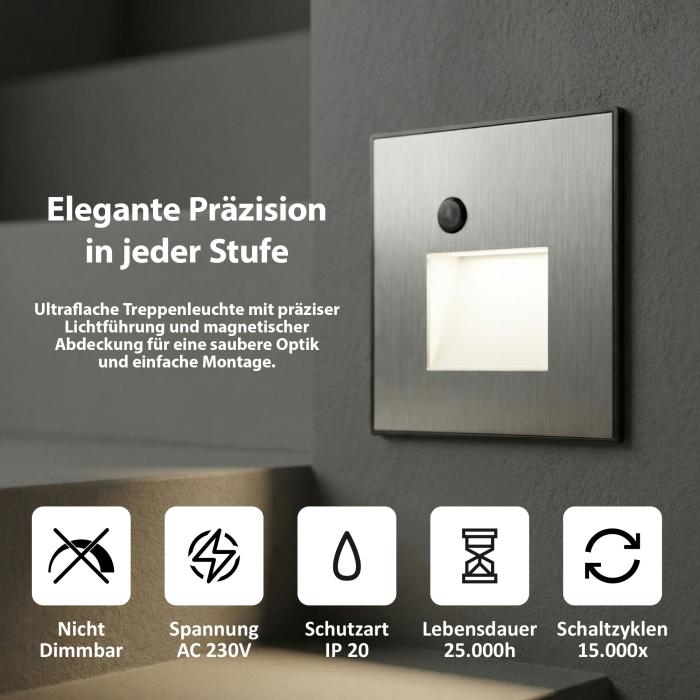 MAXKOMFORT LED Treppenlicht mit Sensor MOD5S1– 3-CCT, Magnet-Blenden in Weiß oder Alu Gebürstet, Eckig, 230V, 1,6W
