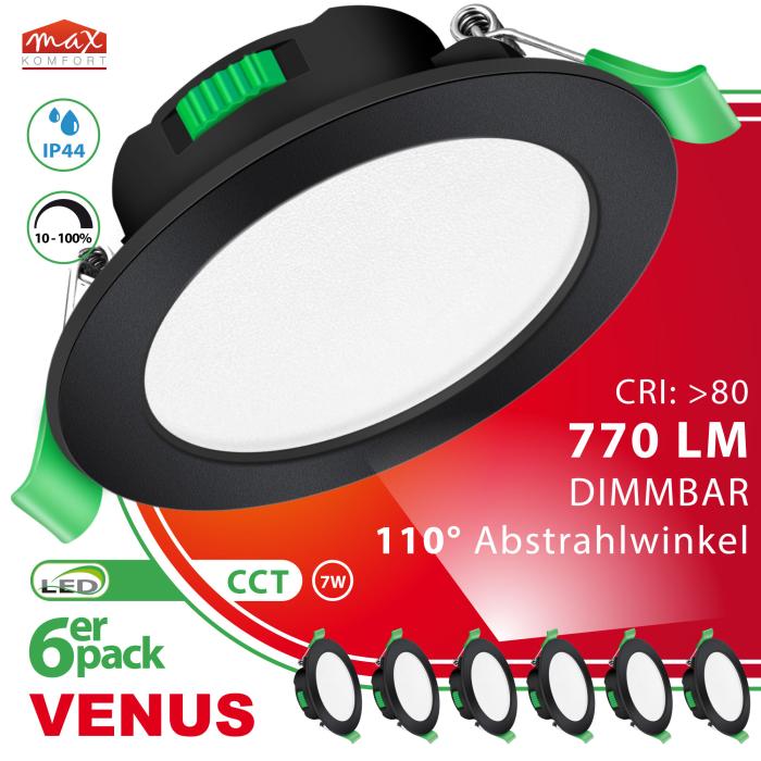 6 x LED Einbaustrahler VENUS Schwarz 7W Dimmbar für Bad – IP44
